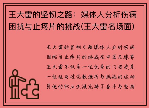 王大雷的坚韧之路：媒体人分析伤病困扰与止疼片的挑战(王大雷名场面)