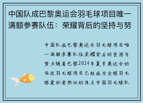 中国队成巴黎奥运会羽毛球项目唯一满额参赛队伍：荣耀背后的坚持与努力