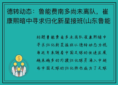 德转动态：鲁能费南多尚未离队，崔康熙暗中寻求归化新星接班(山东鲁能费莱尼个人资料)