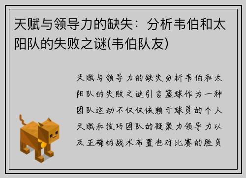 天赋与领导力的缺失：分析韦伯和太阳队的失败之谜(韦伯队友)