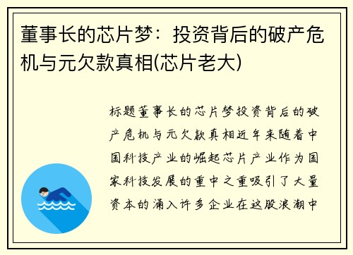 董事长的芯片梦：投资背后的破产危机与元欠款真相(芯片老大)