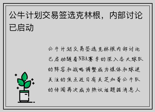公牛计划交易签选克林根，内部讨论已启动