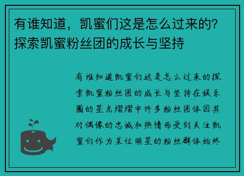 有谁知道，凯蜜们这是怎么过来的？探索凯蜜粉丝团的成长与坚持