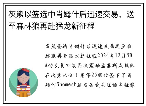 灰熊以签选中肖姆什后迅速交易，送至森林狼再赴猛龙新征程