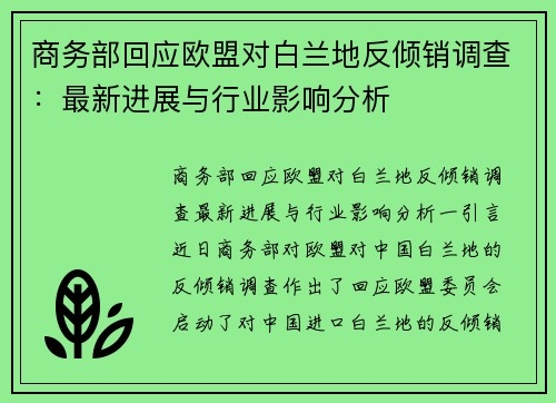 商务部回应欧盟对白兰地反倾销调查：最新进展与行业影响分析
