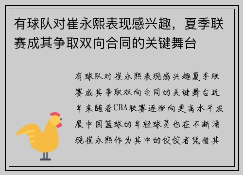 有球队对崔永熙表现感兴趣，夏季联赛成其争取双向合同的关键舞台