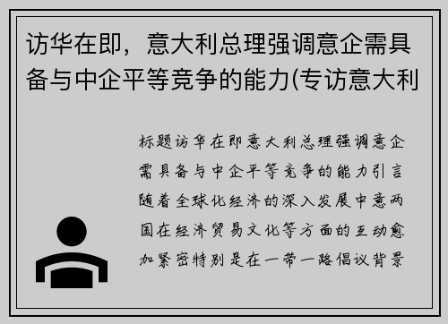 访华在即，意大利总理强调意企需具备与中企平等竞争的能力(专访意大利驻华大使)