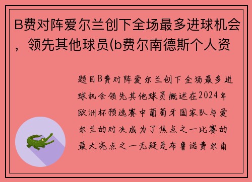 B费对阵爱尔兰创下全场最多进球机会，领先其他球员(b费尔南德斯个人资料曼联)