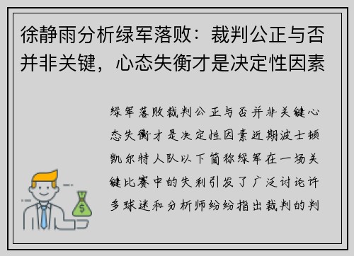 徐静雨分析绿军落败：裁判公正与否并非关键，心态失衡才是决定性因素