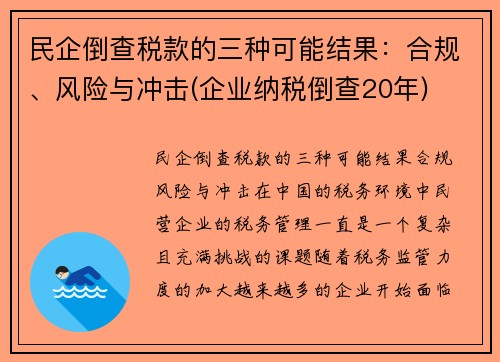 民企倒查税款的三种可能结果：合规、风险与冲击(企业纳税倒查20年)