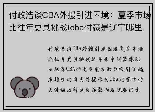 付政浩谈CBA外援引进困境：夏季市场比往年更具挑战(cba付豪是辽宁哪里人)